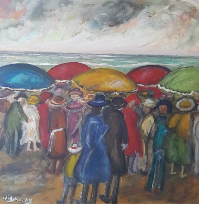 Het schilderij "Paraplu's op het strand" werd geschilderd door Willy Valcke in 2017.