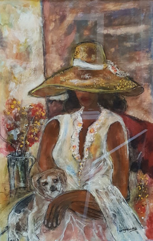 Willy Valcke schilderij vrouw met hond acryl op papier