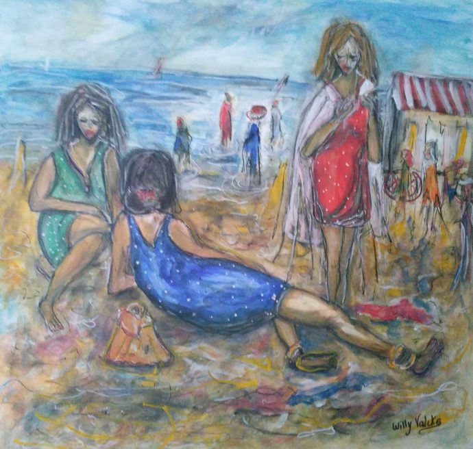 Schilderij vrouwen op strand op doek, Willy Valcke
